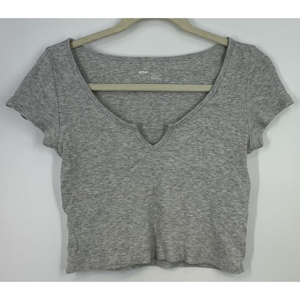 Aerie Heather Gray Ribbed Notch Neck Cropped Tee Top Size M Minimalist Basic